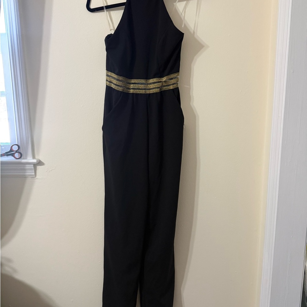 Teeze Me Black Jumpsuit with Gold Stripes